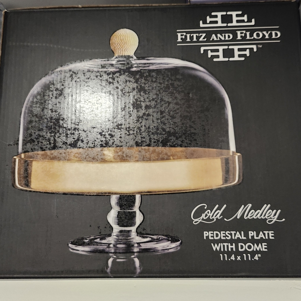 Fitz and Floyd Gold Medley Pedestal Plate with Clear Dome